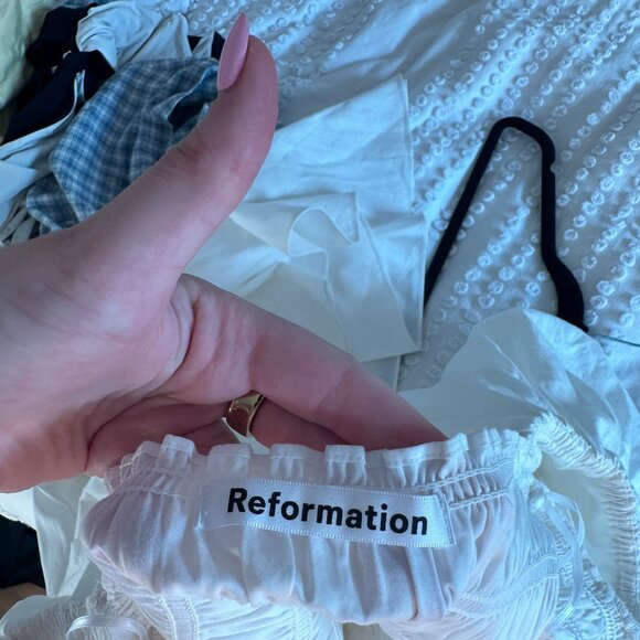 Reformation White Smocked Midi Puff Sleeve Dress Flowy Square Neck Bridal - Picture 2 of 8